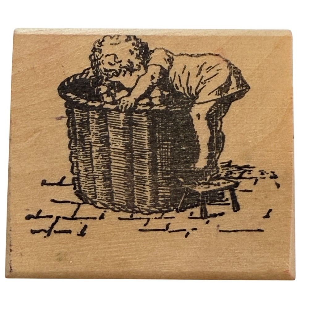 Vintage Child Peeking in Basket Wooden Rubber Stamp Card‎ Making Scrapbook 2x2.5